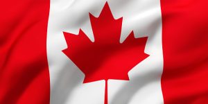 Flag of Canada blowing in the wind. Full page Canadian flying flag. 3D illustration.